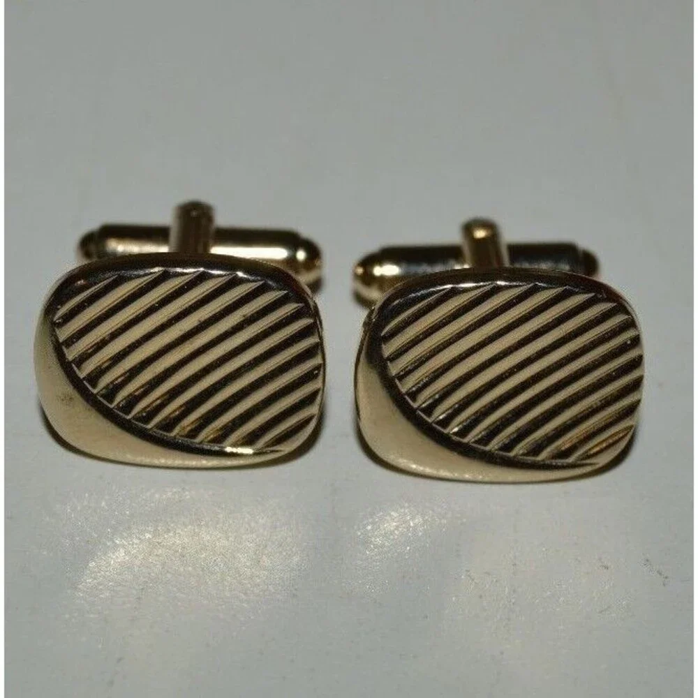 Vintage Mid Century Gold & Black Brass Tone Classic Textured Cuff Links Rare